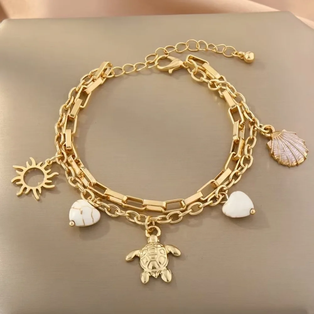 NEW Gold Charm Bracelet with Turtle and Shell Accents 🌊☀️🐢 A4-150